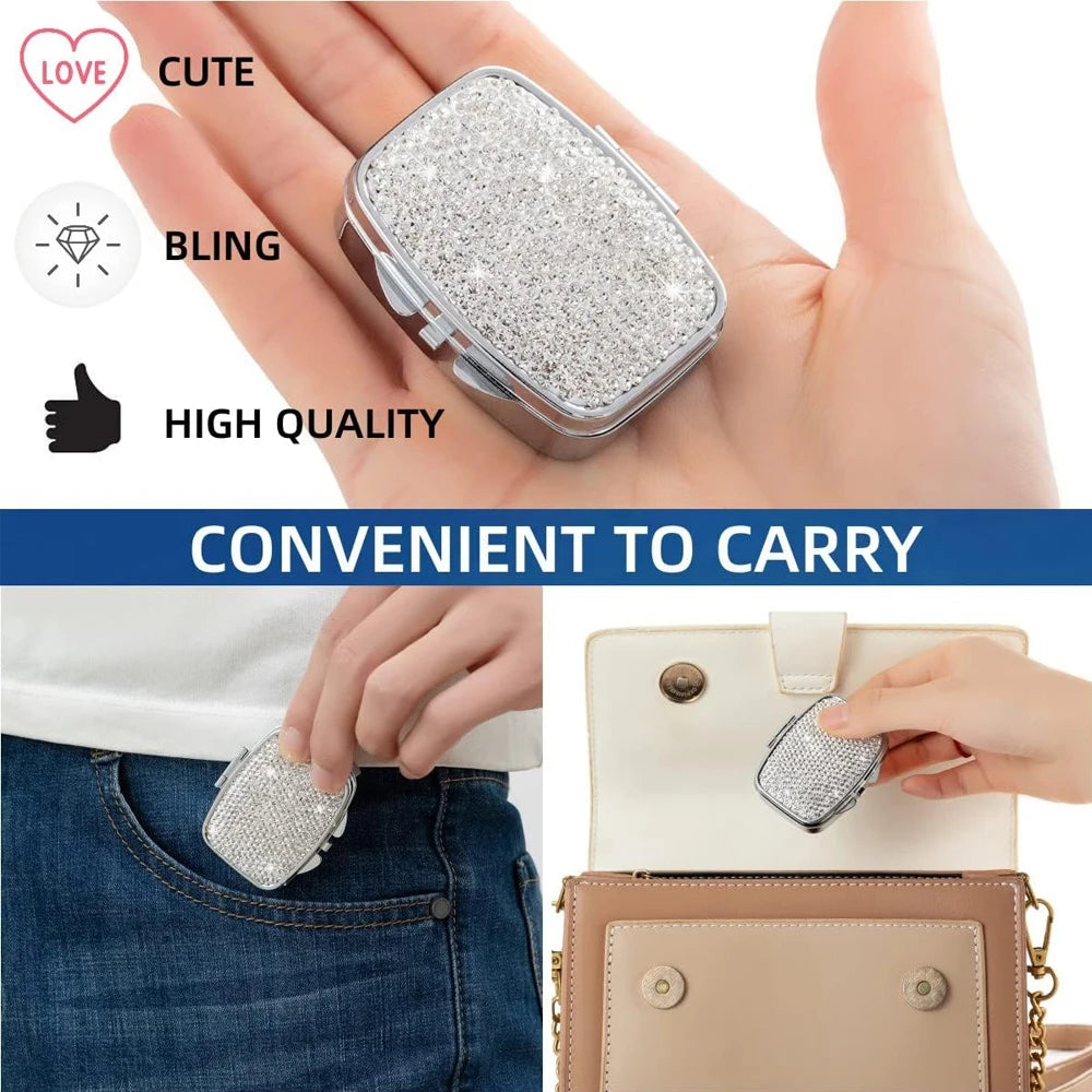 1Pcs Portable 2 Compartments Daily Pill Organizer, Bling Crystal Diamond Pill Box,Pill Dispenser,Container Organizer to Fish Oil